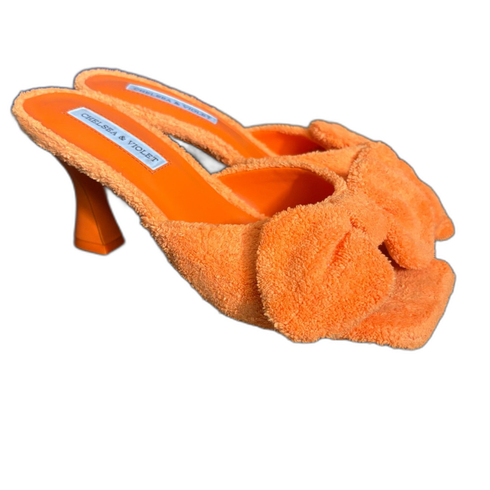 Chelsea‎ & Violet Paris Orange Terry Cloth Bow Heel Sandals Square Toe Size 7.5